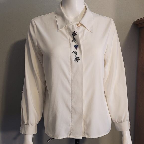 Vintage 80s 90s G.W. Petite Embroidered White Button Blouse Sz 6 Made in USA - Picture 1 of 13